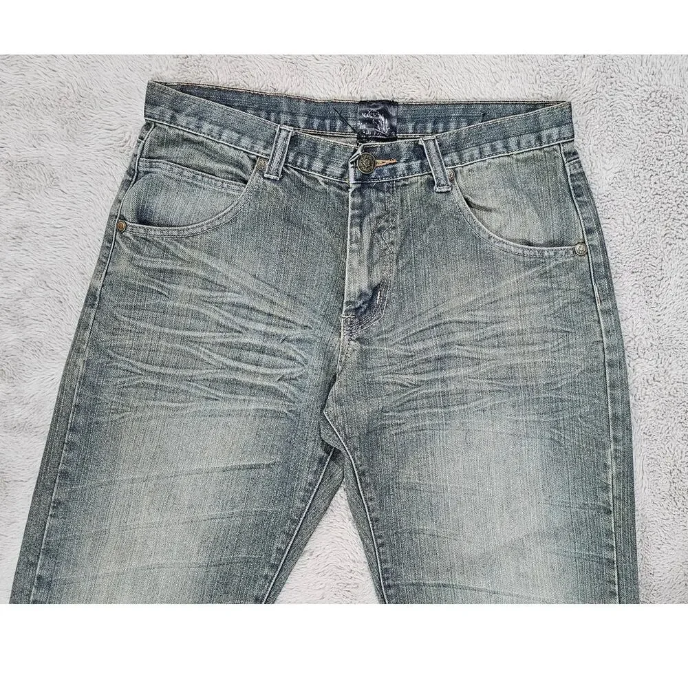 Raw Blue Jeans, Rare, Vintage, Y2K, Embroidered, Streetwear, Mens Size 32/32